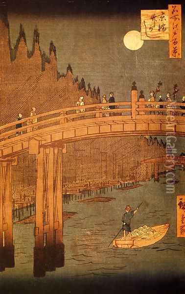 Kyobashi Bridge - Takegashi Wharf Oil Painting - Utagawa or Ando Hiroshige