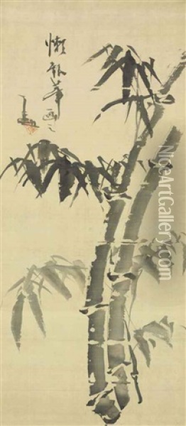 Bamboo; Lotus Pond And Poem (2 Works) Oil Painting - Gibon Sengai