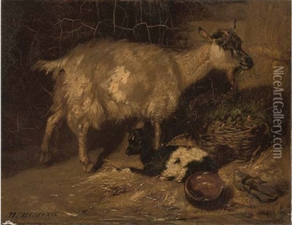 A Goat And Her Kid Oil Painting - Nikolas Moreau