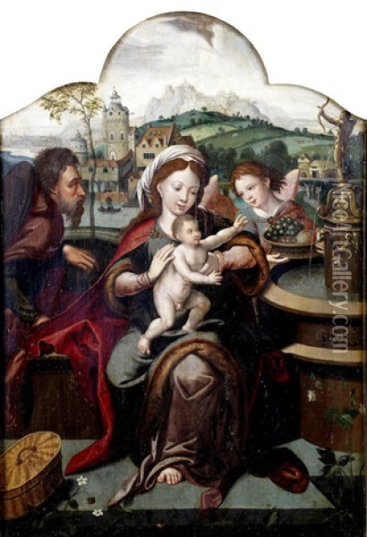 The Holy Family With An Angel Oil Painting - Pieter Coecke van Aelst the Elder