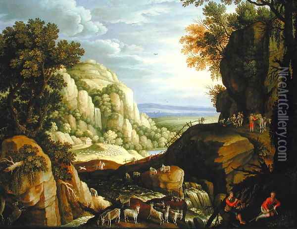 Mountainous Landscape with Shepherds and Travellers Oil Painting - Maerten Ryckaert