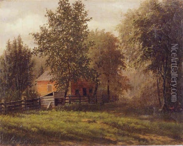 Landscape Of A Barn With A Figure At A Campfire Oil Painting - George Cope