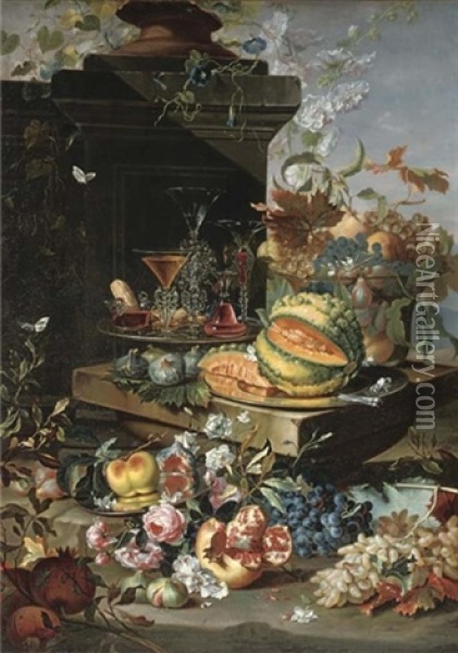 A Sliced Pumpkin On A Silver Plate, Facon-de-venise Glasses On A Second Silver Plate, Grapes, Peaches And Plums In A Glass Bowl With More Grapes, Figs, A Pomegranate, Roses And A Peach On A Silve Oil Painting - Christian Berentz