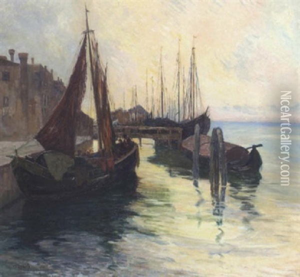 Fischerboote In Einem Italienischen Hafen (chioggia?) Oil Painting - Carl (Karl, Charles) O'Lynch of Town