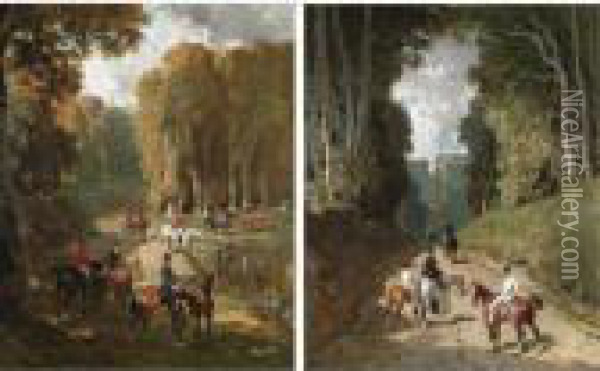 A Hunting Party By A Lake; Riders On A Forest Path Oil Painting - Alfred De Dreux