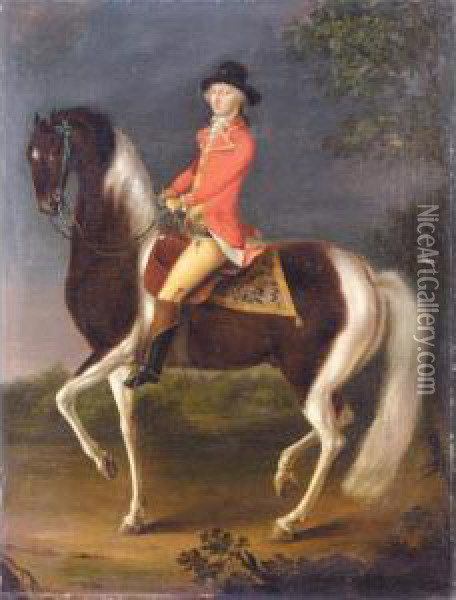 An Equestrian Portrait Of A Gentleman Wearing A Scarlet Coat Riding A Skewbald Hunter Oil Painting - David Morier