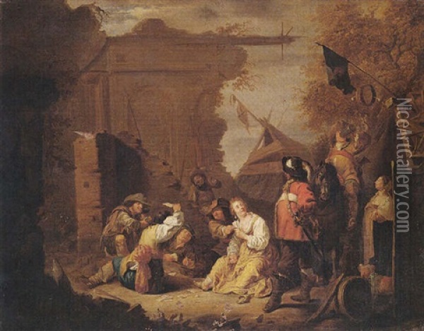 Soldiers And Camp Followers Playing Cards Amidst Ruins Oil Painting - Maerten Stoop