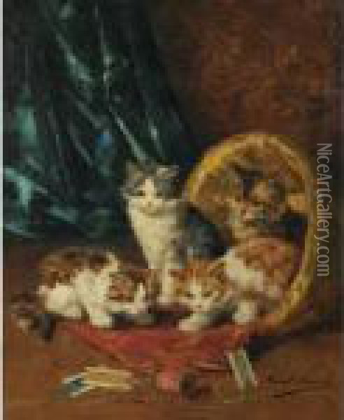 Kittens In The Sewing Basket Oil Painting - Alphonse de Neuville