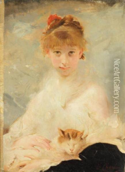 Jeune Femme Au Chat Oil Painting - Charles Josua Chaplin