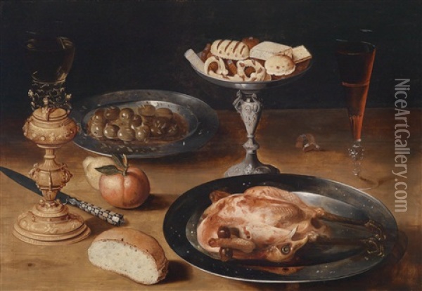 Ein Mahlzeitstillleben Mit Prunkgefassen Oil Painting - Gotthardt (Godert) de Wedig