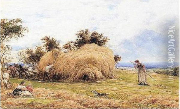 Stacking Barley Near Witley, Surrey Oil Painting - John Linnell