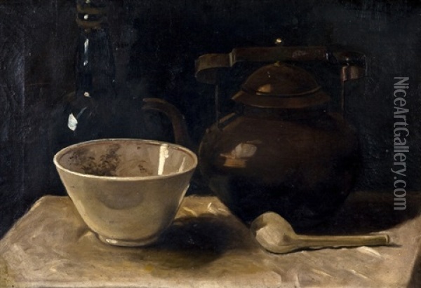Still Life With Copper Kettle, Pipe And Bowl Oil Painting - Anton Van Wouw