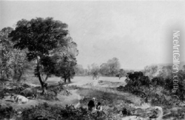 Wooded Landscape With Anglers And Cattle Oil Painting - Sidney Richard Percy