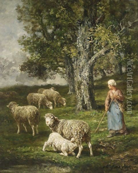 A Shepherdess With Her Flock 3 Oil Painting - Charles Emile Jacque