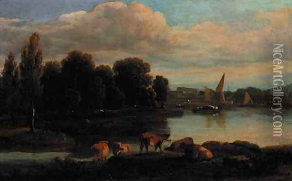 Cattle on the bank of a river with a town beyond Oil Painting - Ramsay Richard Reinagle