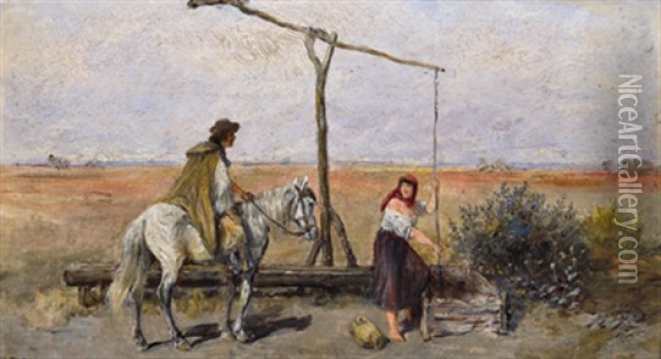 Am Ziehbrunnen In Der Puszta Oil Painting - Alfred Ritter von Malheim Friedlaender
