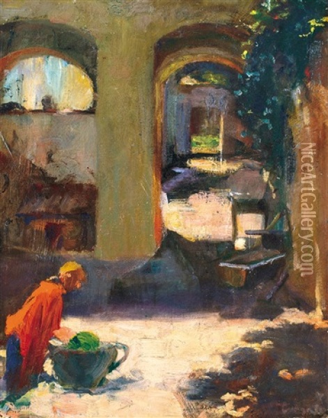 In The Yard Oil Painting - Janos Tornyai