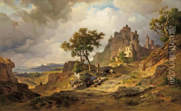 Hegaulandschaft Mit Derruine Hohentwiel Und Blick Auf Den Bodensee Oil Painting - Albert Emil Kirchner