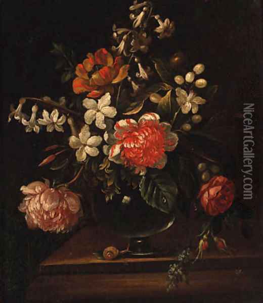 Flowers in a glass vase with a snail on a ledge Oil Painting - Caspar Pieter I Verbrugghen