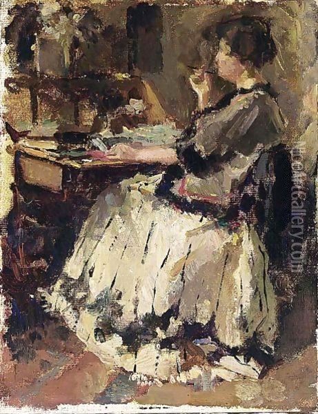 An Elegant Lady At A Writing Desk (Probably Tjieke Roelofs) Oil Painting - Albert Roelofs