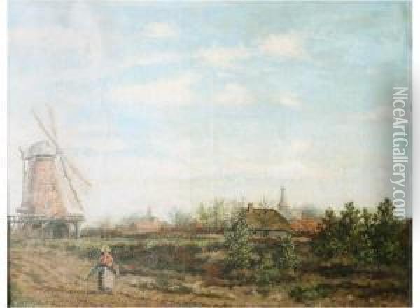 Village View With Women Near A Windmill Oil Painting - Henri Kokken