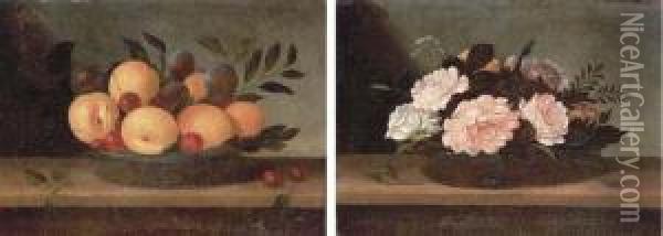 Peaches, Cherries And Plums In A
 Glass Platter On A Wooden Ledge;and Peonies, Roses And Daisies In A 
Glass Bowl On A Woodenledge Oil Painting - Pedro de Camprobin