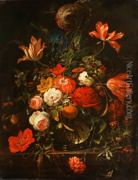 Blumenstrauss In Kugeliger Glasvase Mit Einer Orange Oil Painting - Abraham Mignon