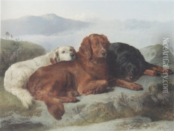 A Golden Retreiver, An Irish Setter And A Gordon Setter In A Mountainous Landscape Oil Painting - George William Horlor