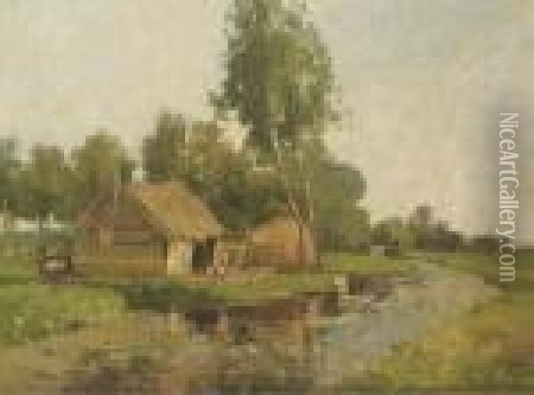 A Farmhouse By A Stream Oil Painting - Louis, Lodewijk Ph. Stutterheim