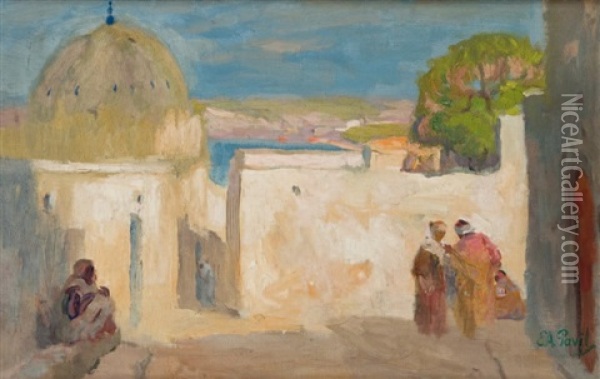 Conversation Devant La Mosquee Oil Painting - Elie Anatole Pavil
