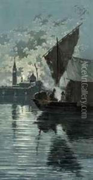 Fishermen On The Lagoon Before Venice Under Moonlight Oil Painting - Giuseppe Vizzotto Alberti