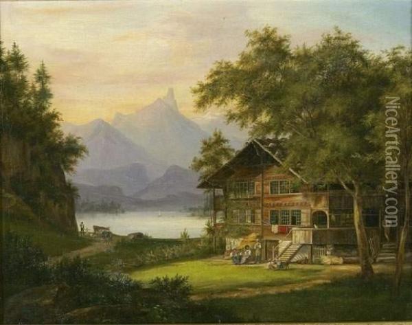 Schweizer Gebirgslandschaft Mit See Und Chalet. Oil Painting - Johann Jakob Falkeisen