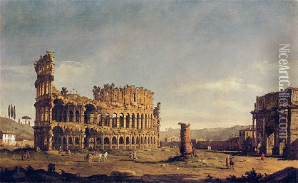 The Colosseum And The Arch Of Constantine, Rome, From The West Oil Painting - Bernardo Bellotto