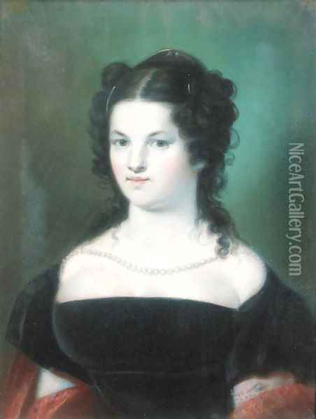 A portrait of a lady wearing a black dress and a string of pearls Oil Painting - French School