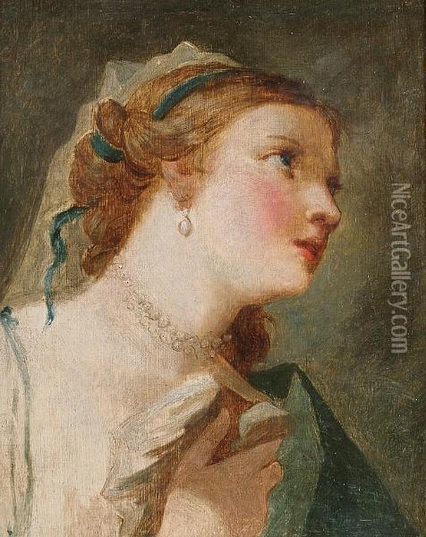 A Young Woman With A Pearl Necklace And Earrings And A Blue Ribbon In Her Hair Oil Painting - Giovanni Battista Tiepolo
