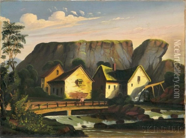 Riverside Buildings Below A Cliff Oil Painting - Thomas Chambers