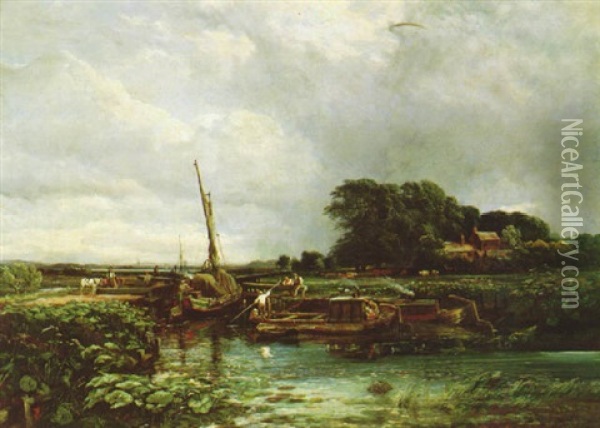 Barges On The River Irwell Oil Painting - Samuel Bough