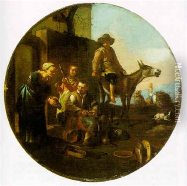 Village Scene With A Cobbler And A Young Boy On A Donkey Oil Painting - Jan Miel