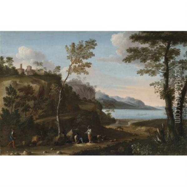 A Wooded Landscape With Peasants Resting On A Track, A Lake Beyond (w/collaborator) Oil Painting - Jan Miel
