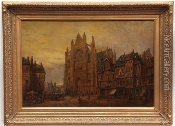 Continental Street Scene With Cathedral Oil Painting - Henry Thomas Schafer
