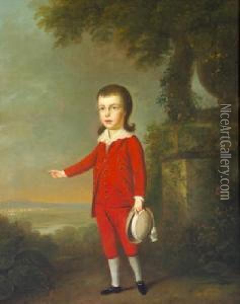 Little Boy In A Red Suit Pointing Towards A Tent Encampment Of Militia Oil Painting - John Trotter