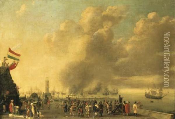 A Fortified Harbor Oil Painting - Willem van de, the Elder Velde