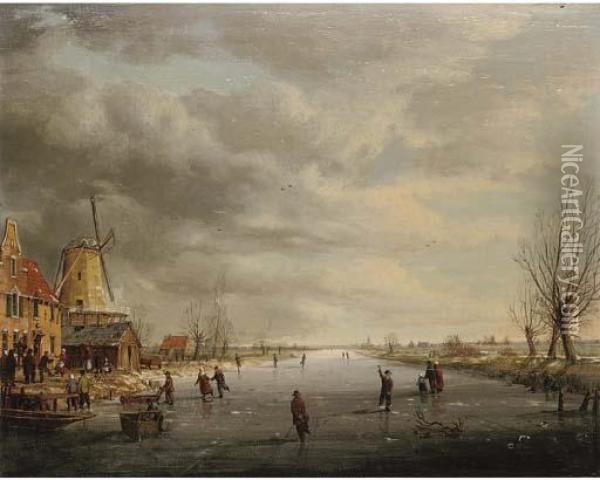 Figures On A Frozen Canal Oil Painting - Charles Henri Leickert