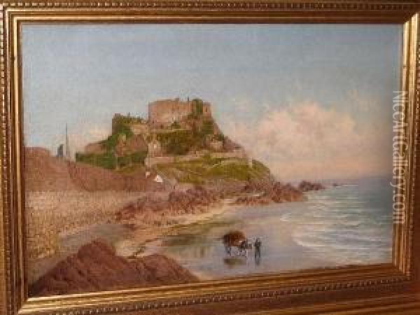 'mont Orgueil Castle, Jersey', A
 View Along The Beach Below The Castle, A Vraic Wagon To The Fore Oil Painting - John Mulcaster Carrick