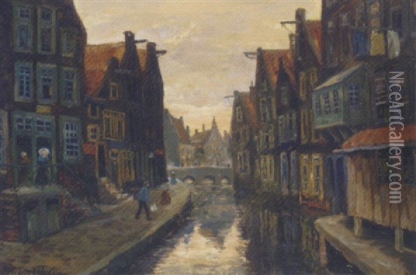 Figures By A Backwater In Bruges, Dusk Oil Painting - Willem Delsaux