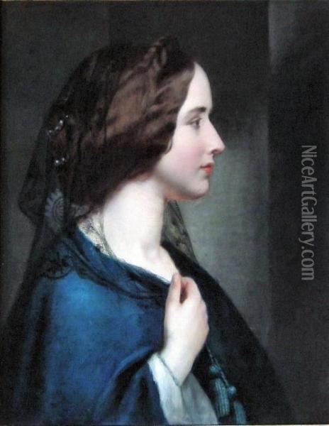Shoulder Length Portrait Of A Young Woman Wearing A Black Veil And Blue Dress Oil Painting - Robert Atkinson Fox