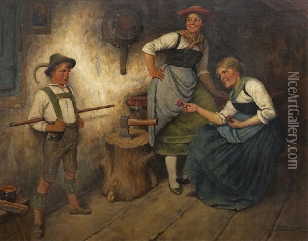 Bauerninterieur Mit Zwei Frauen Und Jungem Burschen Oil Painting - Maximilian Wachsmuth