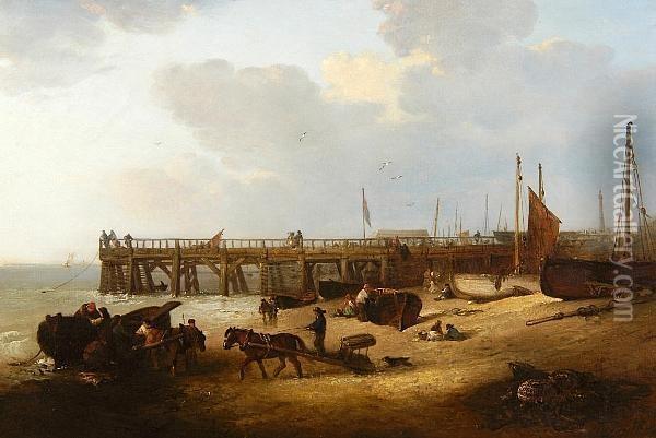 Figures On The Beach Before Yarmouth Jetty Oil Painting - Edward Robert Smythe