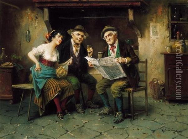 Sitting (in A Trattoria) Oil Painting - Lajos Kolozsvary