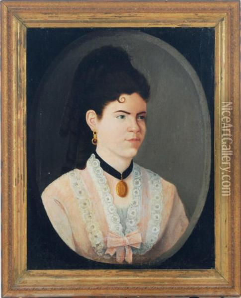 Portrait Of A Lady Wearing A Locket, In A Painted Oval Oil Painting - Lopez Egea Y Marin